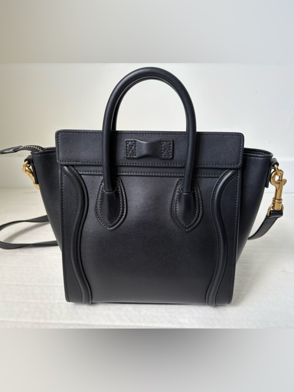 Celine Black Leather Luggage Nano Top Handle Bag Crossbody Gold Hardware Zip - Picture 6 of 14